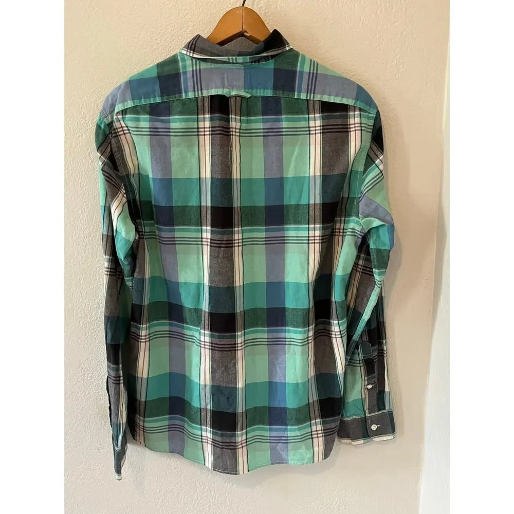 Men's J Crew Indian Madras Button Slim Plaid Long Sleeve Cotton Green Shirt Sz L